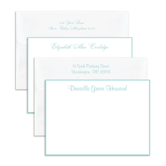 Aqua Hand-Bordered Flat Note Cards - Raised Ink